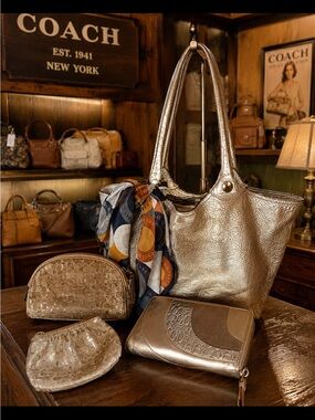Coach Set Metallic Gold Leather Tote with Zip Wallet, Scarf & 2 cosmetic bags